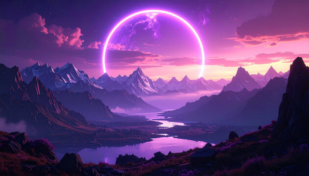A majestic mountain range floats under a luminous celestial halo at dusk.