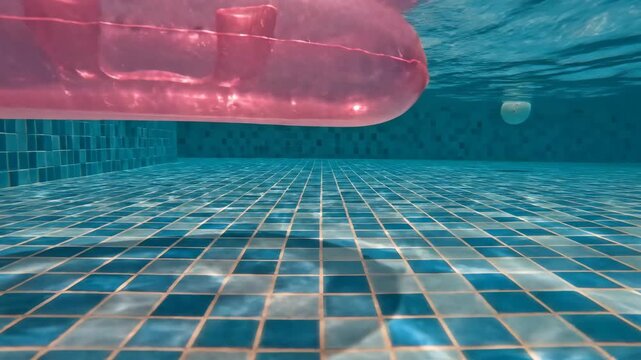 Pink inflatable mattress floating in blue swimming pool. Translucent plastic pool float drifting across clear water surface. Summer leisure and recreation concept