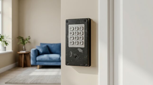 Modern keypad entry system mounted on a wall next to a doorway.