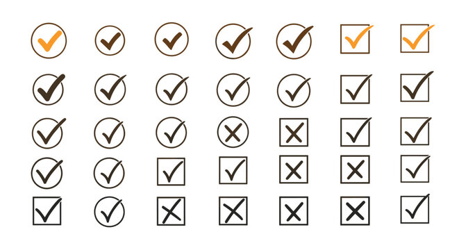 Comprehensive set of black and orange checkmark and cross marks in circular and square checkboxes on white background.
