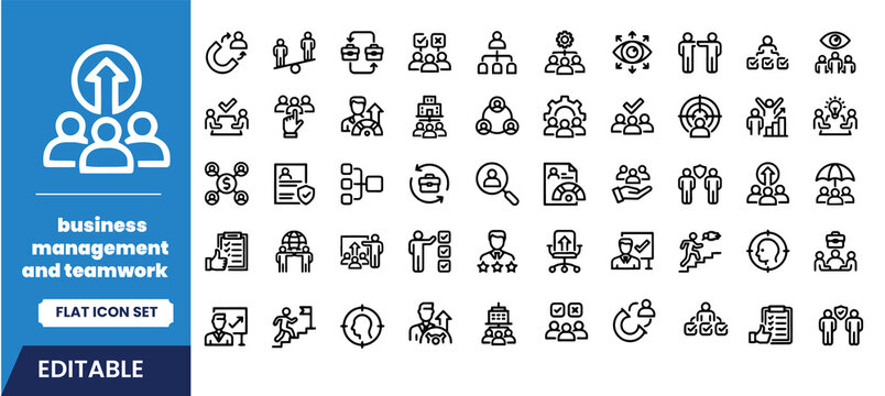 Business management and teamwork flat icon set