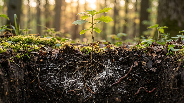 Young tree supported by healthy mycorrhizal fungi beneath the soil. Perfect for climate education, forest restoration, regenerative agriculture, and environmental awareness.