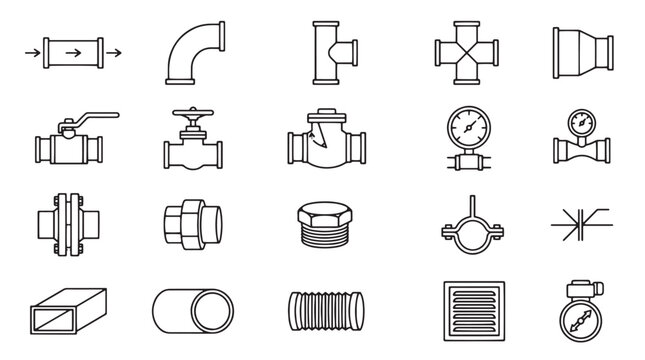 20 Industrial Pipe Fitting Icons, Plumbing Symbols, Vector Line Drawings, Black and White