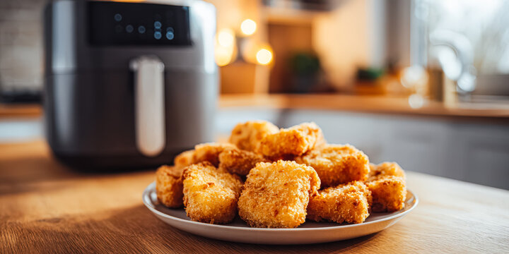 Close up of a plate of golden chicken nuggets on a wooden table. Studio photography with warm lighting. Suitable for food blogs, culinary websites, and restaurant menus.