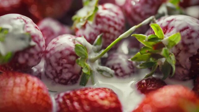 A background of ripe strawberries with green leaves drizzled with cream, a macro shot of the berry texture. An idea for a bright summer lantern for dessert and culinary themes