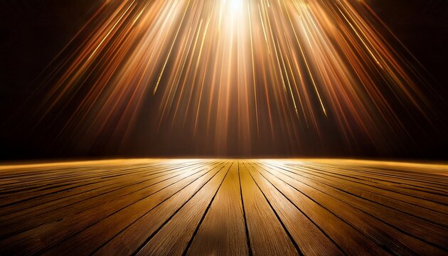 soft gold light beams from above fill an empty stage making a divine spiritual background for products or presentations