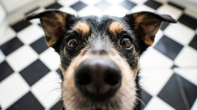 Funny dog nose close up, curious mixed breed dog looking at camera, wide angle pet portrait on checkered floor background