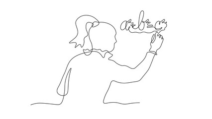 Obraz premium Continuous line drawing of a woman or girl writing the Pythagorean theorem formula, minimalist one line art style, mathematics education concept