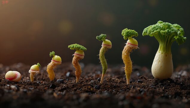 Creative illustration of growing vegetables with unique shapes, showcasing a progression from small sprouts to a fully developed broccoli in a soil environment