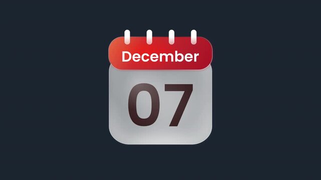 December 07 7th Calendar Date Animation Icon Display ProRes Alpha Channel 4K 60fps Year End Calendar Reminder Motion Graphic