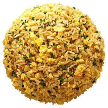 Golden fried rice sphere with scrambled egg green peas and parsley garnish isolated on white background