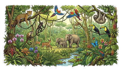 Dense Tropical Rainforest Scene with Wild Animals Exotic Birds River and Lush Green Vegetation © Sukumary