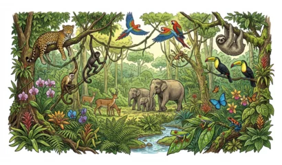 Fototapeten Zoo Dense Tropical Rainforest Scene with Wild Animals Exotic Birds River and Lush Green Vegetation  © Sukumary