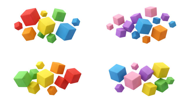 Colorful 3d cubes in various shapes and sizes floating isolated on transparent background