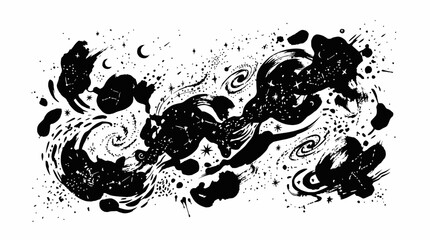 Abstract Black Ink Galaxy Swirls with Stars and Moon © illustration