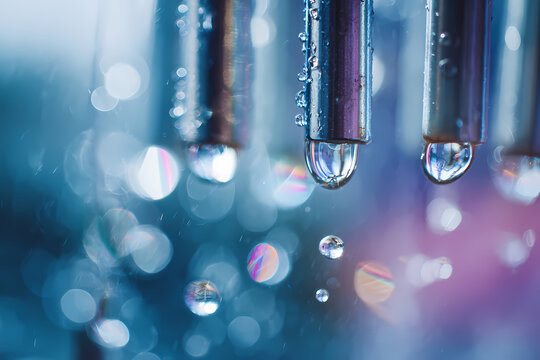 Close up of water droplets dripping from metal pipes with bokeh background