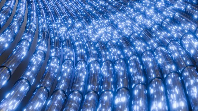 Abstract 3D digital blue lines background. Clean horizontal fiber optic wavy data tracks with glowing silver light tubes representing cloud infrastructure and telecom network matrix.