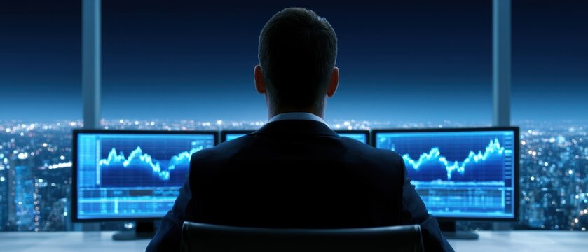Wealthy investor analyzing ai market trends in luxury office high-rise cityscape professional environment