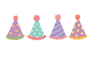 Cute pastel birthday party hats with flowers, dots, stars and striped patterns. © exxxistence