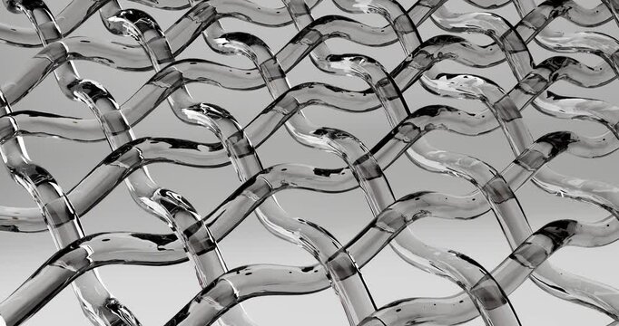3D animation is a structure in the form of a glass mesh consisting of curved intertwined fibers with a glossy mirror surface. The monochrome scale and the play of reflections on the wavy elements crea