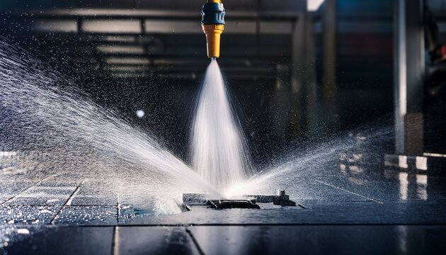 high pressure water jet cleaning industrial surface powerful spray cleaning process technology detailed water droplets splashing
