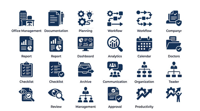 Icons illustrate office workflows.