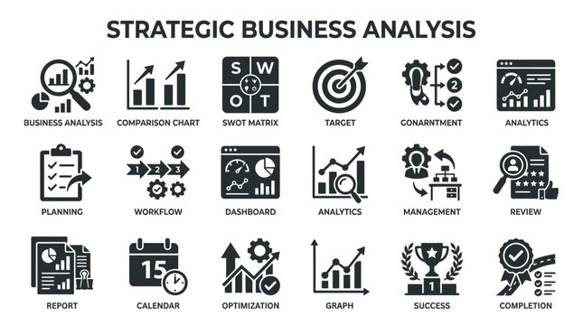 Icons show strategic business analysis.