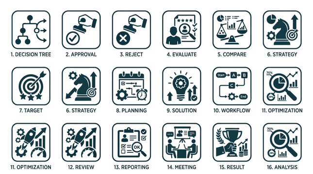 Strategy icons display business growth.