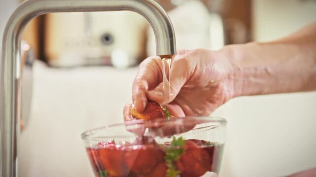 A close-up of a man's hands washing a ripe strawberry under running water in a glass bowl. Concept of hygiene and preparing fresh berries before consumption