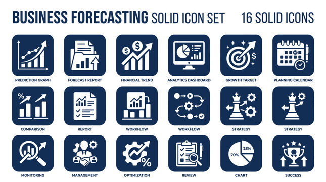 Forecasting icons visualize trends.
