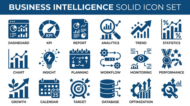 Icons display business analytics.