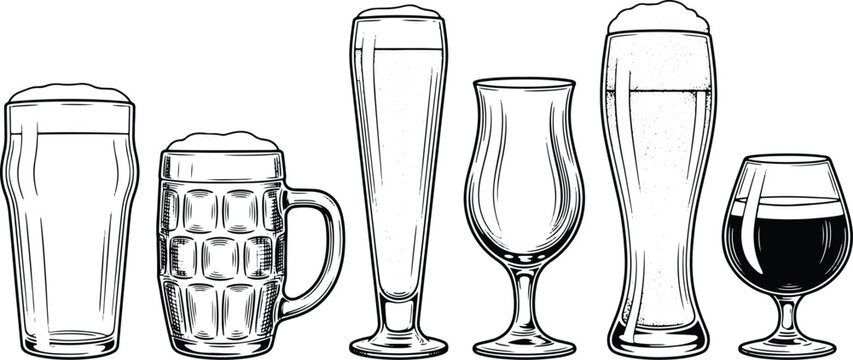 Vintage hand drawn beer glassware engraving illustration set with pint mug goblet glasses