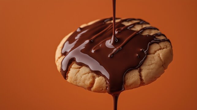 Chocolate poruing on cookie on soft brown gradient background