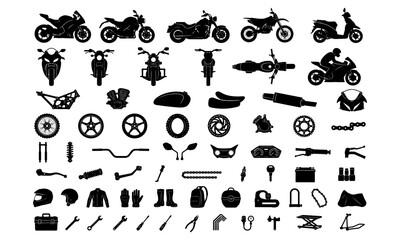 Obraz premium Premium Motorcycle Silhouette Vector Collection With Bike Parts Components Tools Accessories And Multiple Vehicle Styles