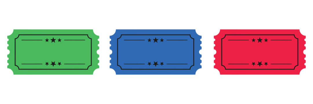 Blank colourful old vintage tickets template, isolated retro admission stubs on transparent background for event, cinema and voucher design
