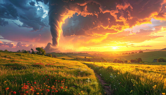 Giant tornado approaches rolling meadow under vibrant sunset sky with wildflowers.