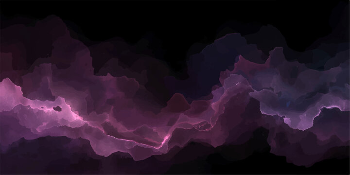 Nebulous Aura Swirl abstract visualization of ethereal smoky clouds in hues of deep purple and vibrant magenta against a stark black background, creating a cosmic and mysterious atmosphere.