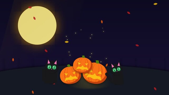 Spooky Halloween Night Animation Featuring Glowing Jack O Lanterns and Full Moon.