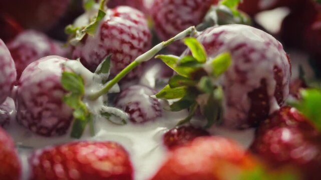 A close-up of fresh red leaves with green handles drizzled with sour cream in a bowl. Concept for a homemade healthy meal using seasonal berries