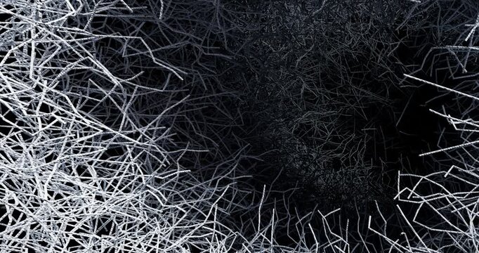 3D animation is an abstract chaotic structure made of many intertwined thin threads or fibers, resembling a spider web or a complex neural network. The image can be used as a background for presentati