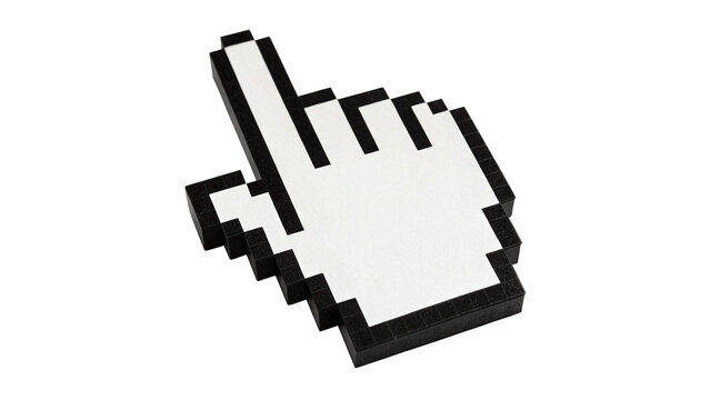 Pixelated black and white computer mouse hand cursor icon isolated on transparent background