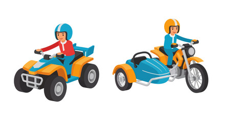 Characters riding an off-road quad bike and motorcycle with sidecar © Bobo