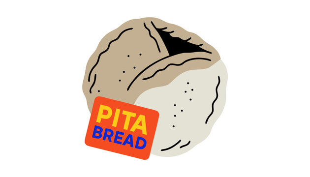 Very beautiful black and white vector of PITA BREAD featuring classic round flatbread texture with a bold label reading "PITA BREAD", isolated on white background.