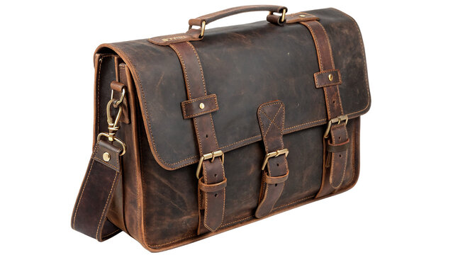 Vintage brown leather briefcase messenger bag for business isolated on transparent background