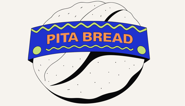 Very beautiful black and white vector of PITA BREAD featuring classic round flatbread texture with a bold label reading "PITA BREAD", isolated on white background.