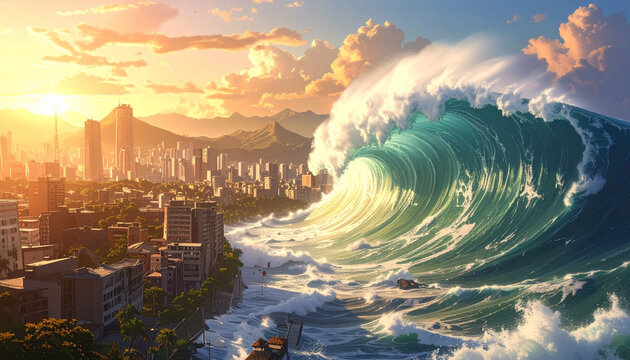 A giant tsunami wave approaches a city with warm sunlight creating an immersive environment.