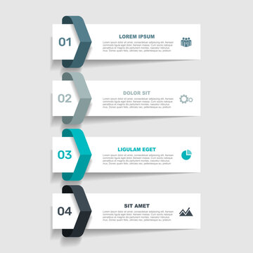 Four-step vertical banner infographic template with colorful folded number tabs, text, and business icons. Vector illustration.