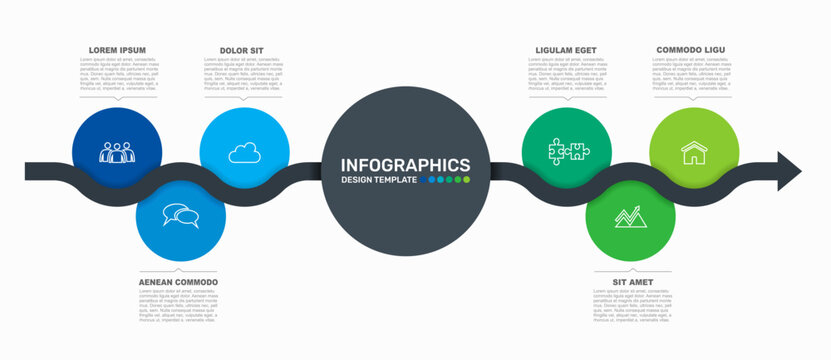 Modern business infographic template featuring colorful circular steps along a wavy arrow. Vector illustration.