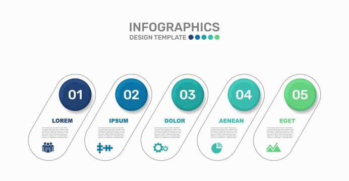 Modern business infographic template featuring five numbered colorful circular steps and line icons. Vector illustration.