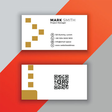 Business card with QR code on gray and orange background